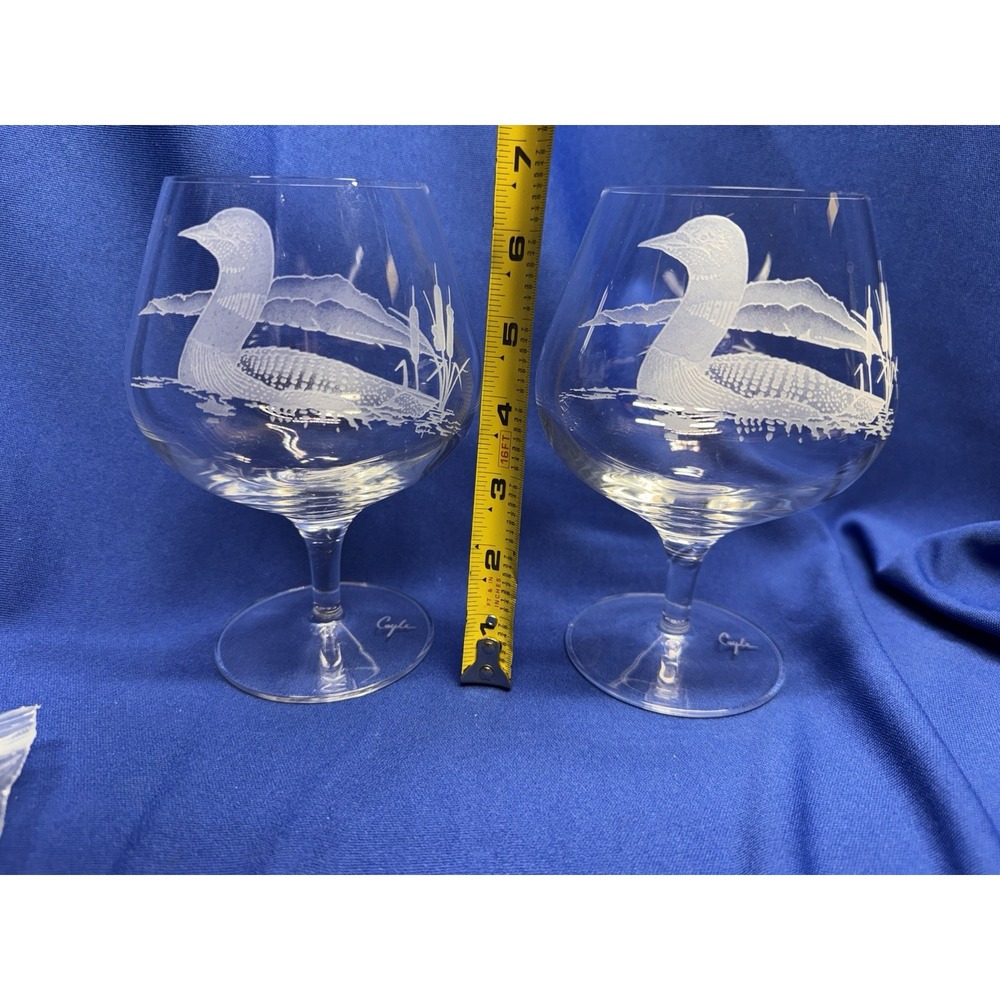 Pair COYLE Signed Crystal Brandy Snifters Loon Wildlife Etched Glasses 6.5" VTG - Picture 4 of 7